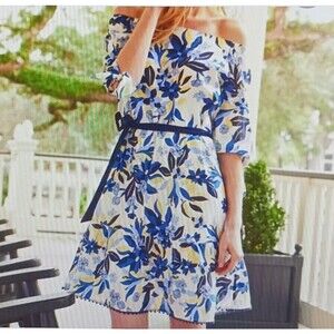 Drapper James Off Shoulder Blue/Yellow Floral Dress Belted Ruffle Hem Sz S